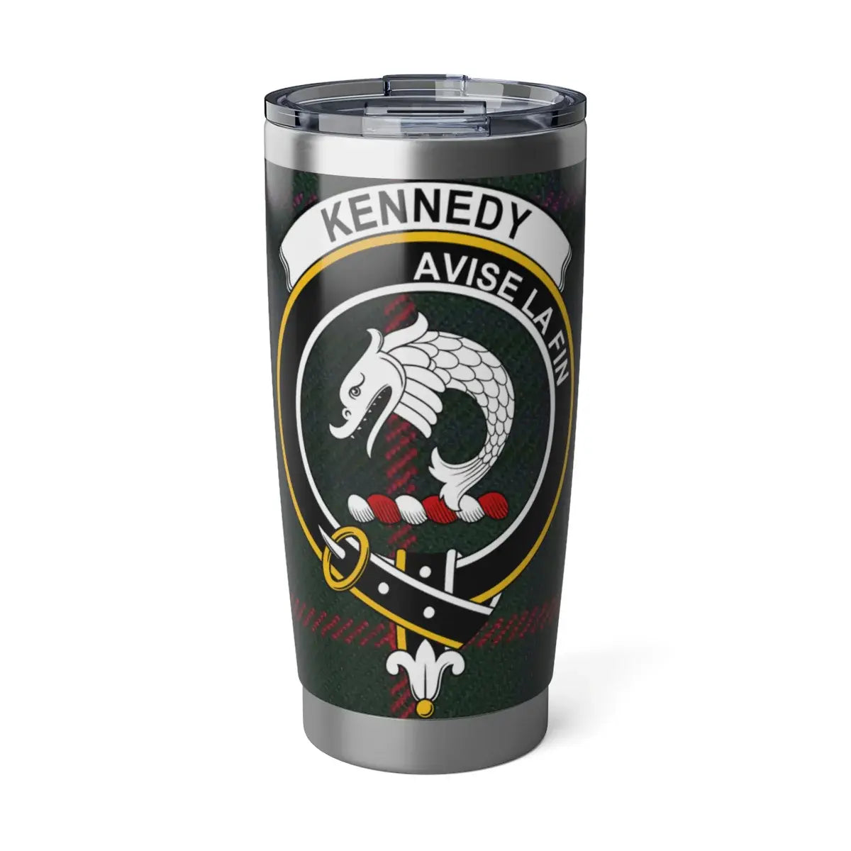 Kennedy clan crest tartan 20oz tumbler — stainless steel with Avise La Fin heraldic design