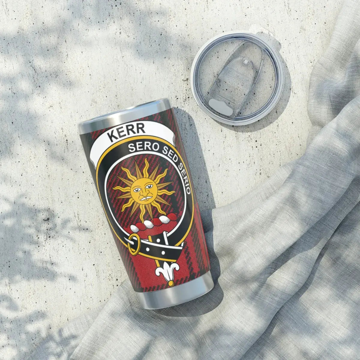 Kerr Sero Sed Serio Scottish clan crest tumbler — 20oz stainless steel with full design