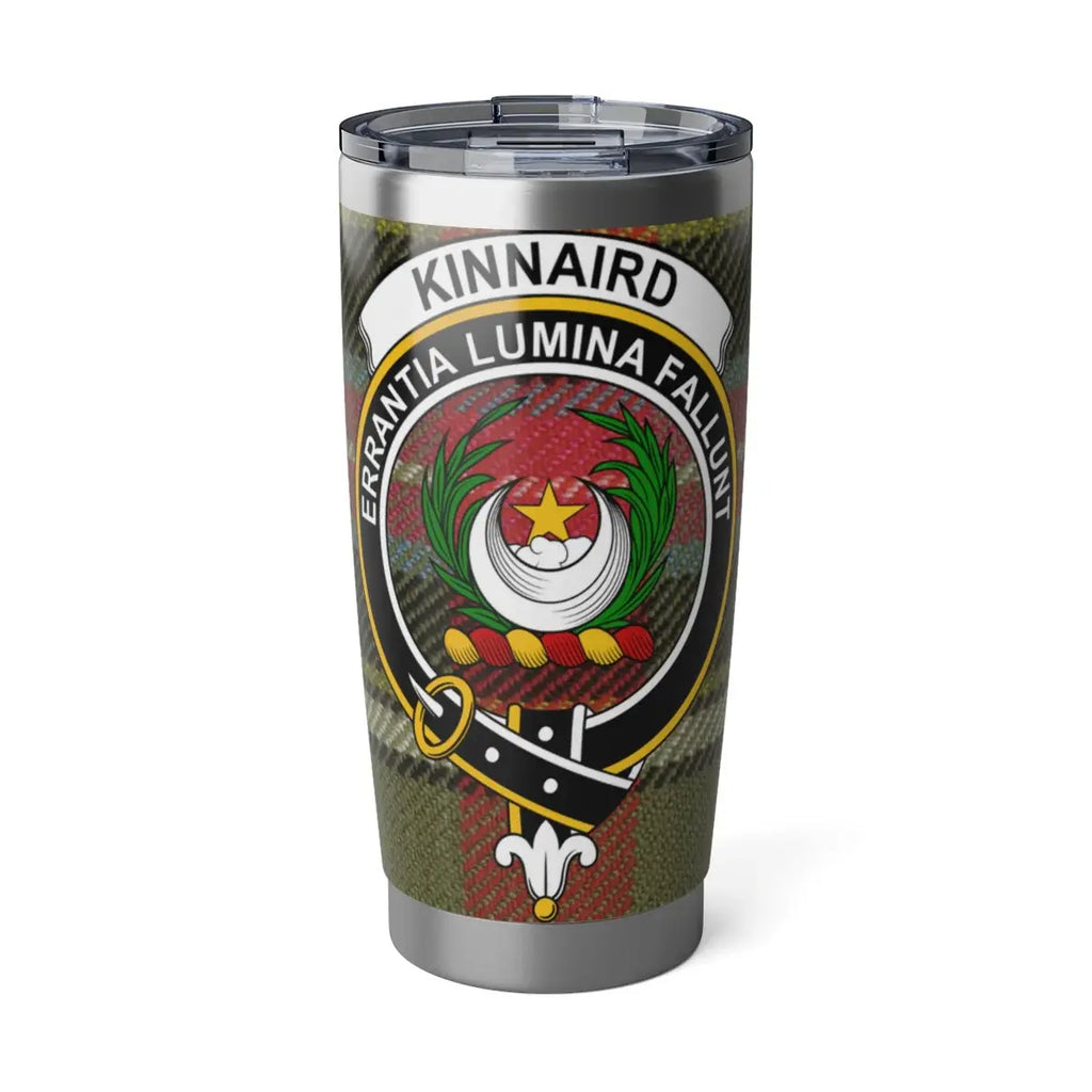 Clan Kinnaird tartan steel tumbler — 20oz insulated with Errantia Lumina Fallunt crest design
