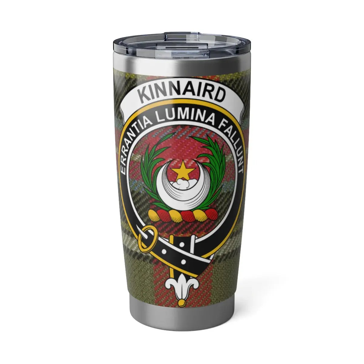 Clan Kinnaird tartan steel tumbler — 20oz insulated with Errantia Lumina Fallunt crest design
