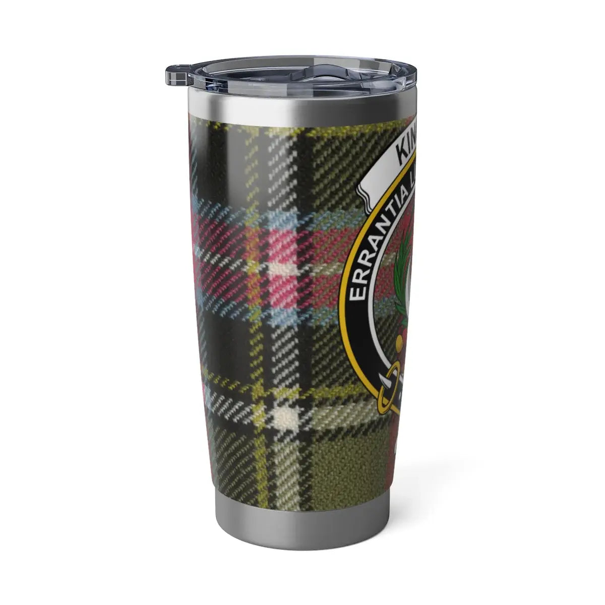 Clan Kinnaird crest and tartan steel tumbler — Errantia Lumina Fallunt motto on printed design