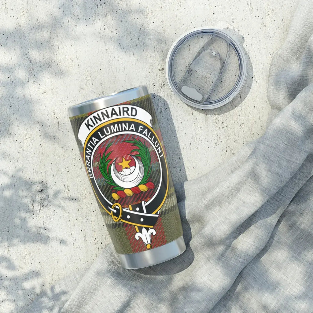 Clan Kinnaird tartan tumbler — top view showing lid and opening, 20oz stainless steel