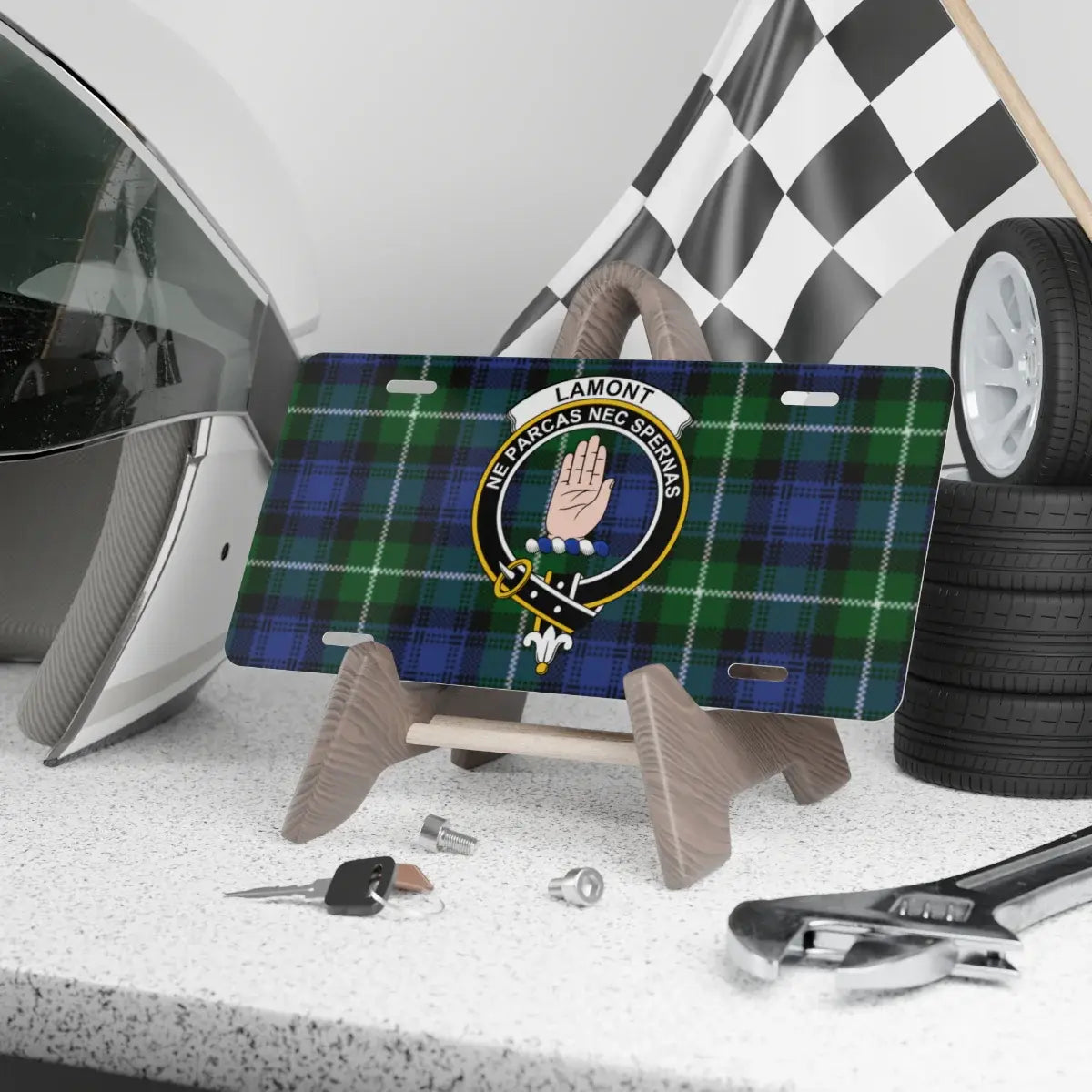 Lamont clan crest tartan novelty license plate — 12x6 aluminium with Ne Parcas Nec Spernas heraldic design