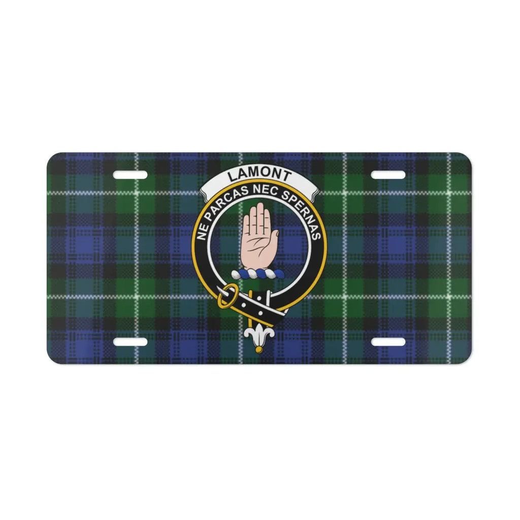 Lamont clan crest tartan style license plate — Neither Spare Nor Despise design on aluminium