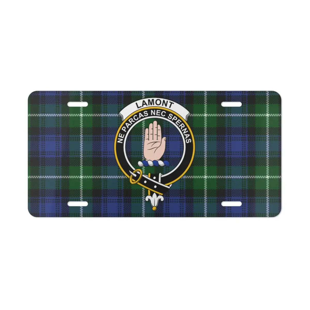 Lamont clan crest tartan style license plate — Neither Spare Nor Despise design on aluminium