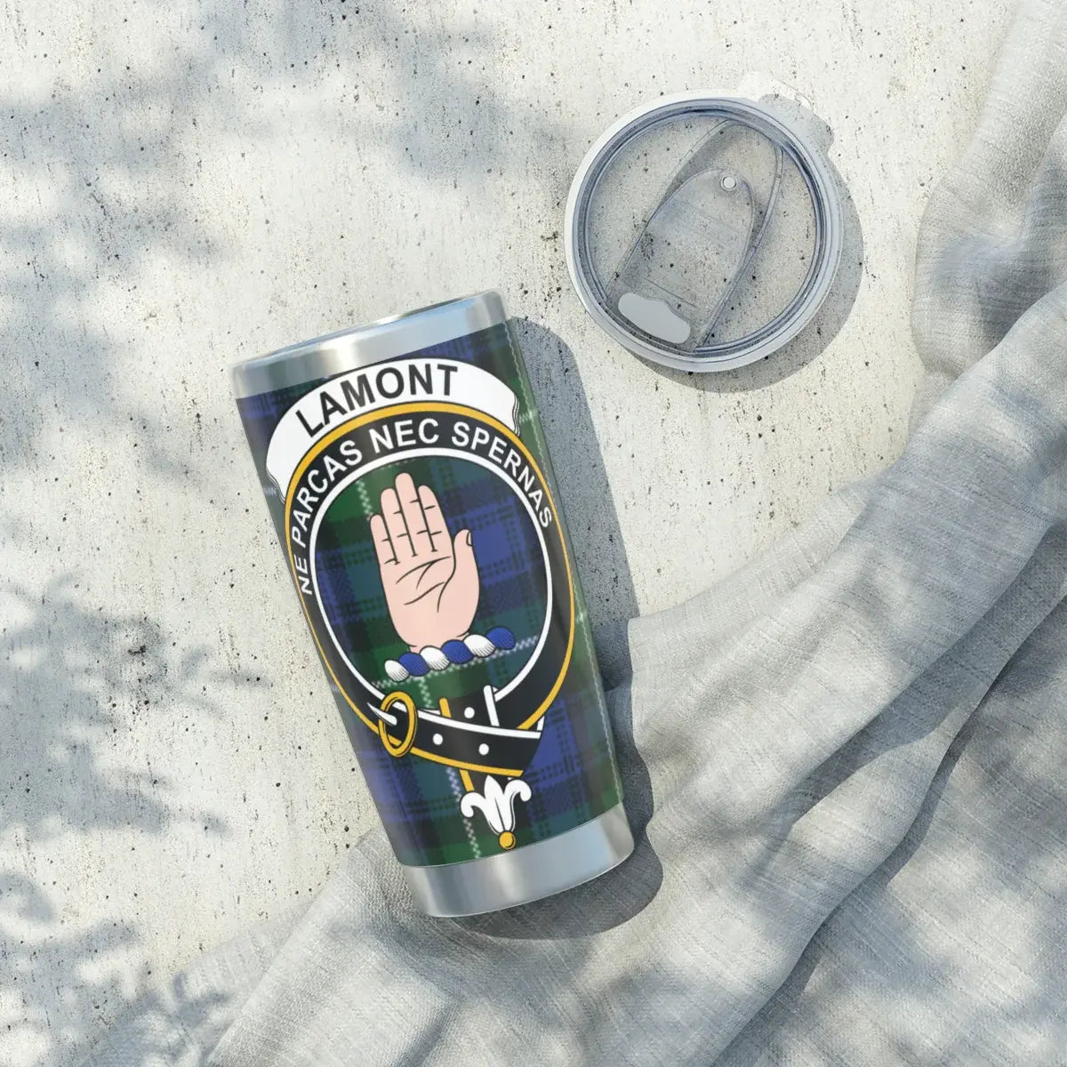 Lamont clan crest tumbler with Celtic design — 20oz stainless steel, full heraldic wrap