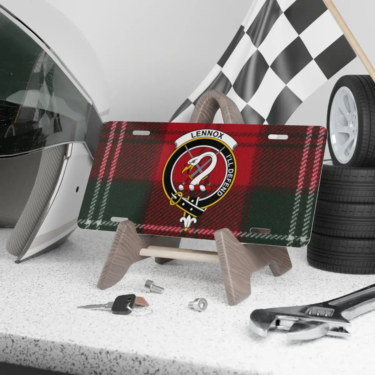 Clan Lennox tartan crest novelty license plate — full colour I'll Defend design, 12x6 inch aluminium