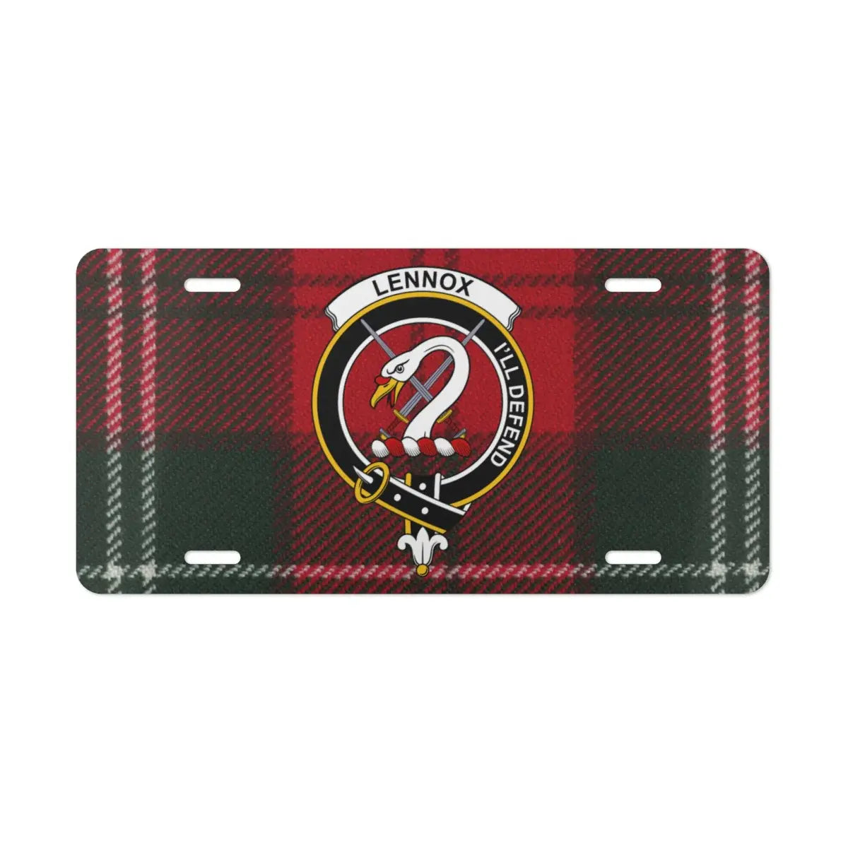 Clan Lennox tartan crest novelty plate — standard 12x6 inch size shown on vehicle display