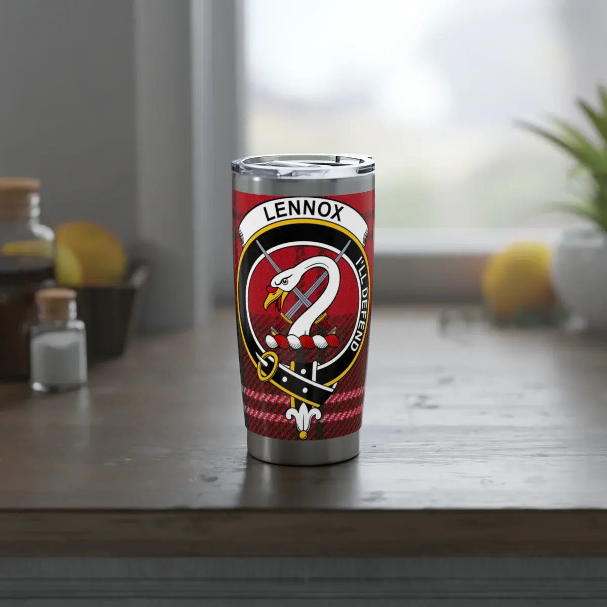 Clan Lennox crest tumbler — side view showing tartan wrap print and rubberised lid