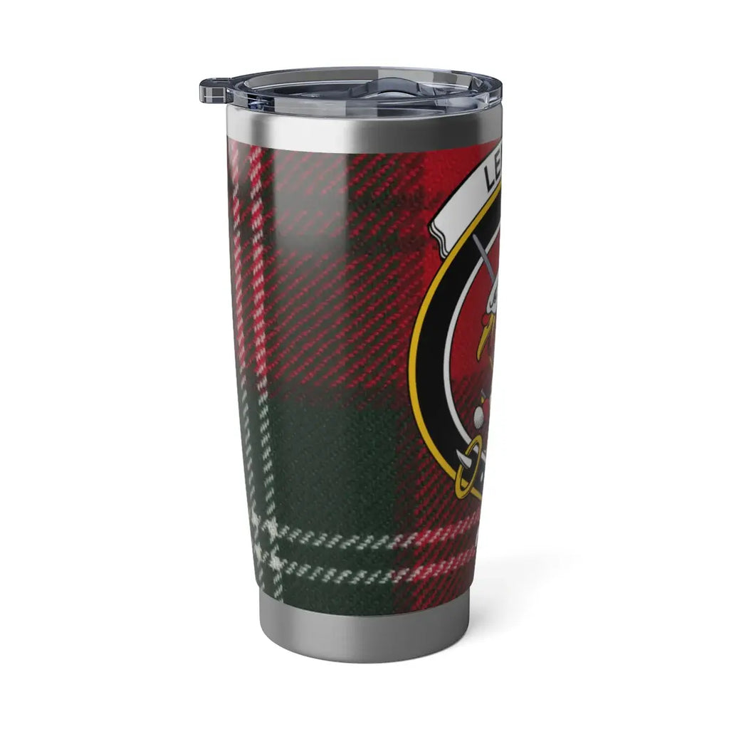 Clan Lennox crest and tartan steel tumbler — I'll Defend motto on printed design