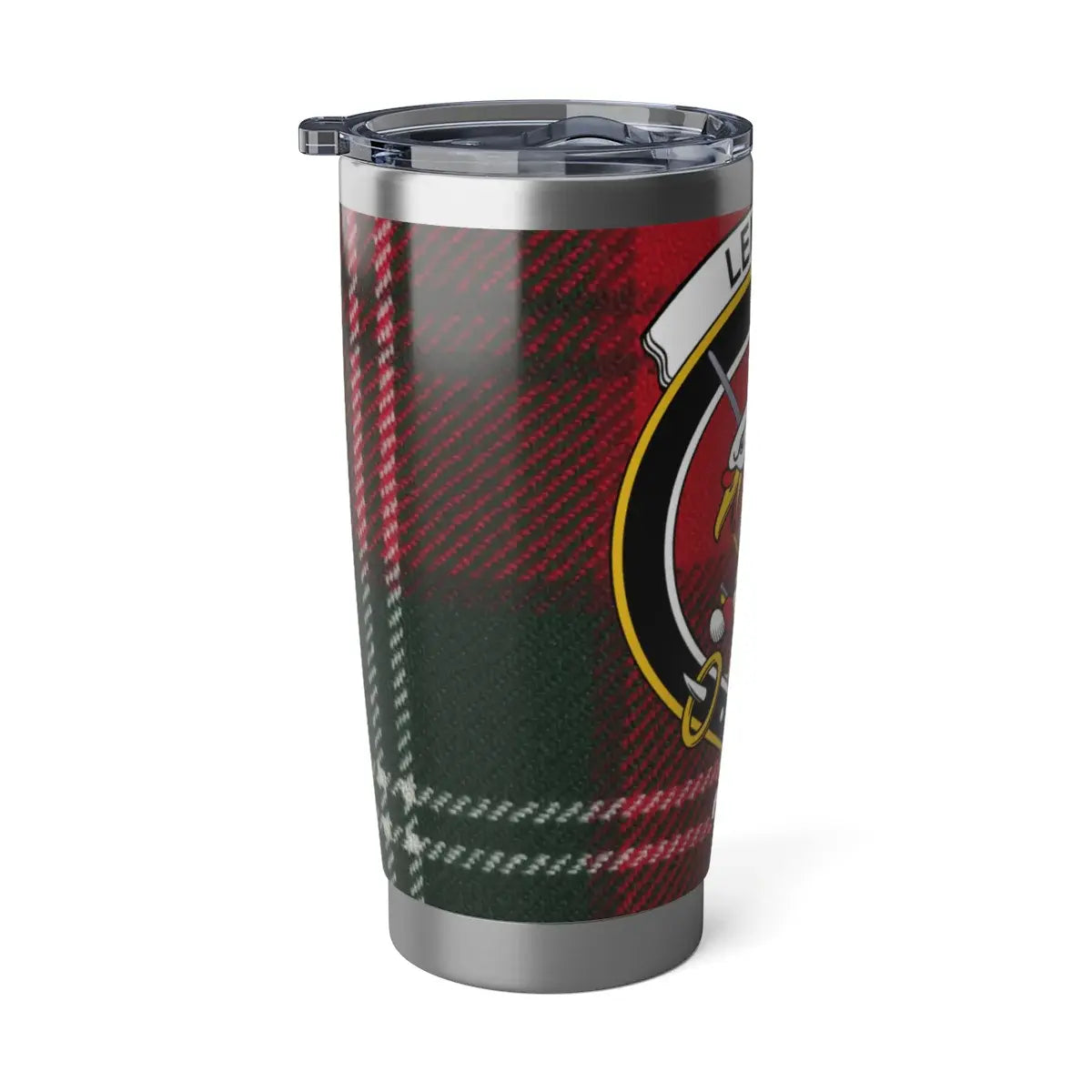 Clan Lennox crest and tartan steel tumbler — I'll Defend motto on printed design
