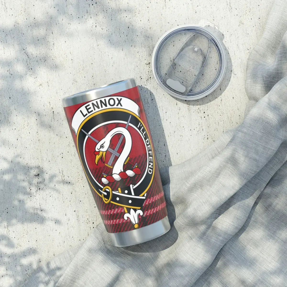 Clan Lennox tartan tumbler — top view showing lid and opening, 20oz stainless steel