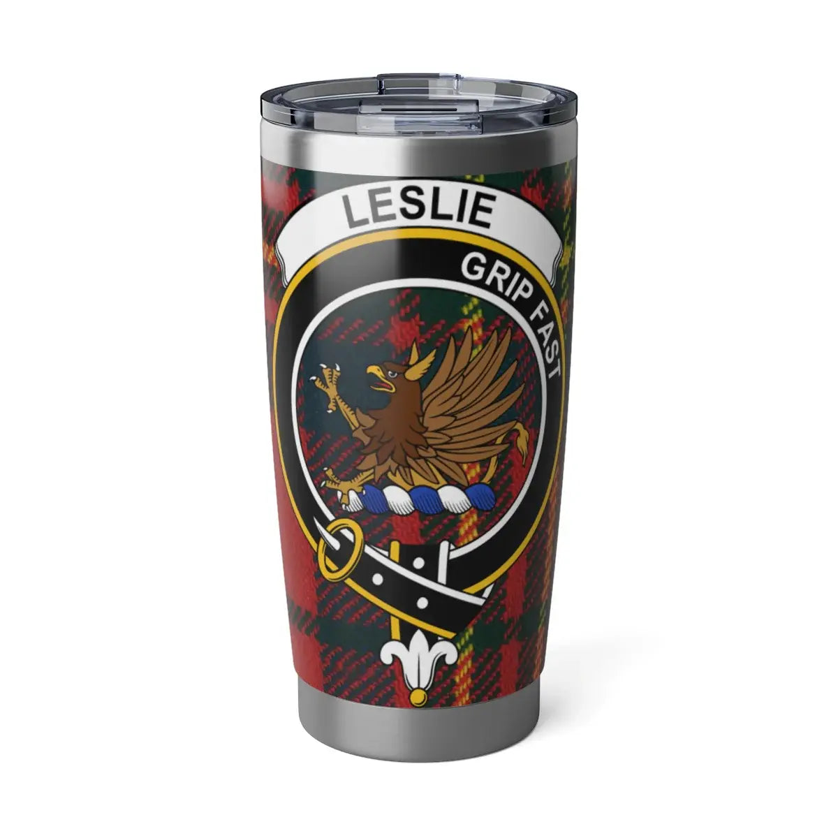 Leslie clan crest tartan 20oz tumbler — stainless steel with Grip Fast griffin heraldic design