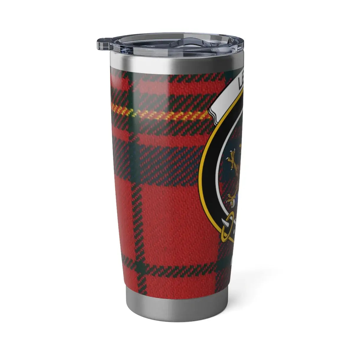 Leslie clan crest Black Watch tartan insulated tumbler — 20oz stainless steel with heraldic design
