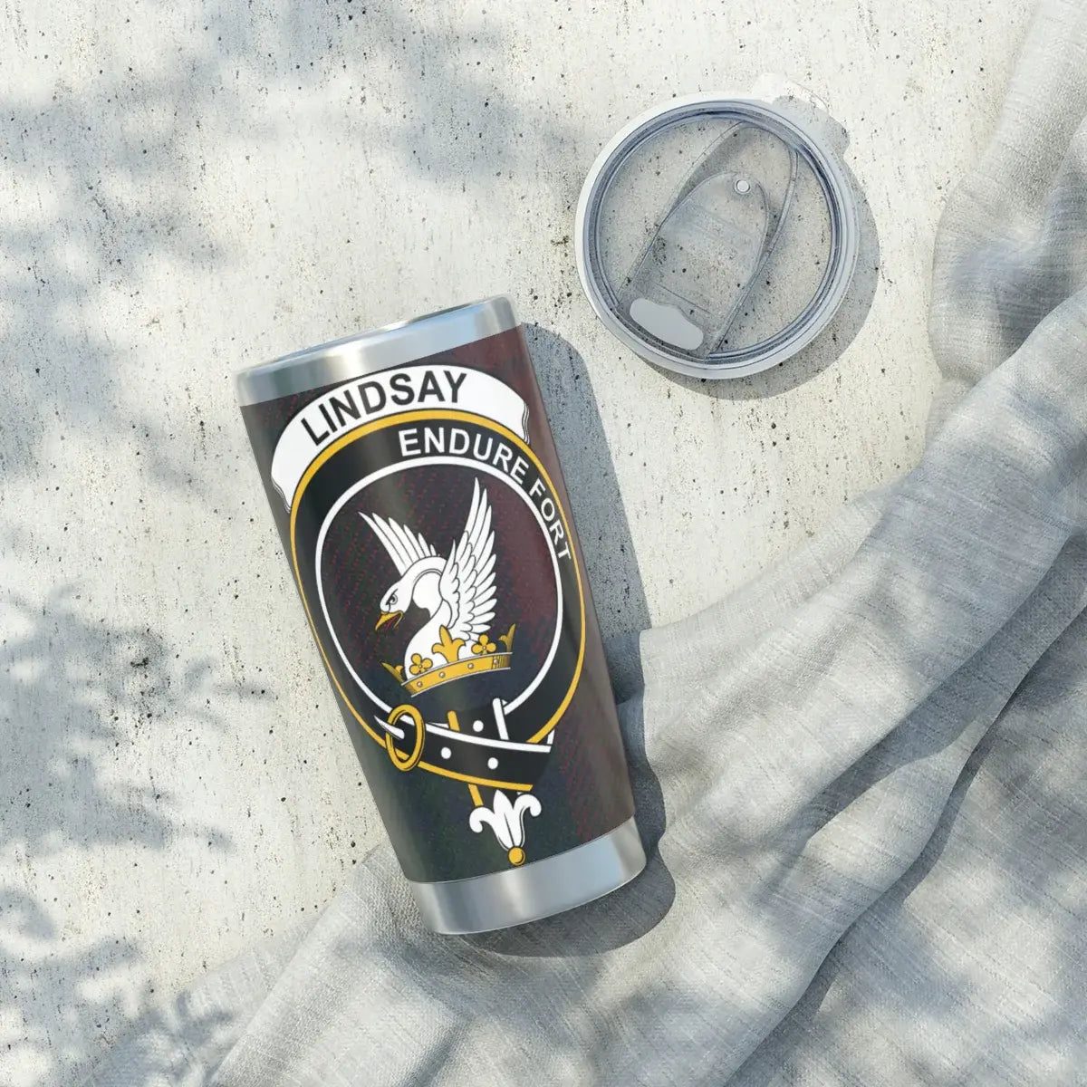Lindsay Endure Fort emblem insulated tumbler — 20oz stainless steel with clan crest design