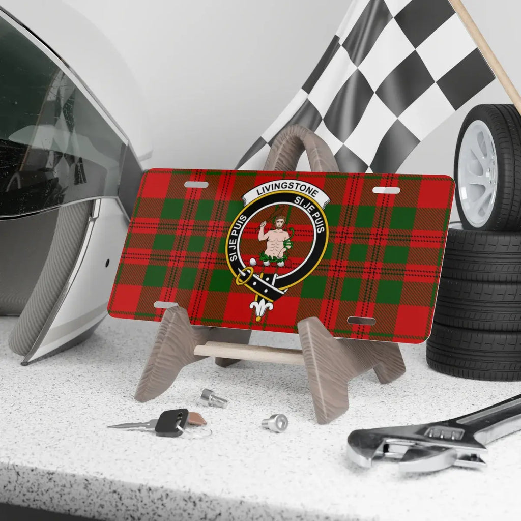 Clan Livingstone tartan crest novelty license plate — Si Je Puis design, 12x6 inch aluminium