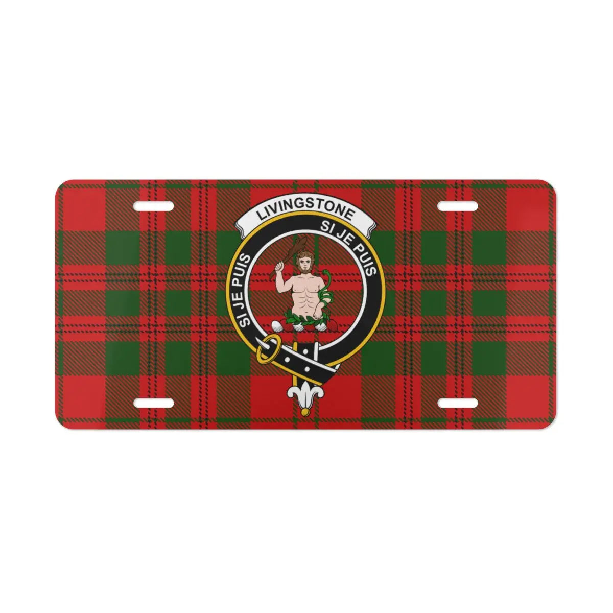 Clan Livingstone tartan crest novelty plate — 12x6 inch standard size shown on vehicle display