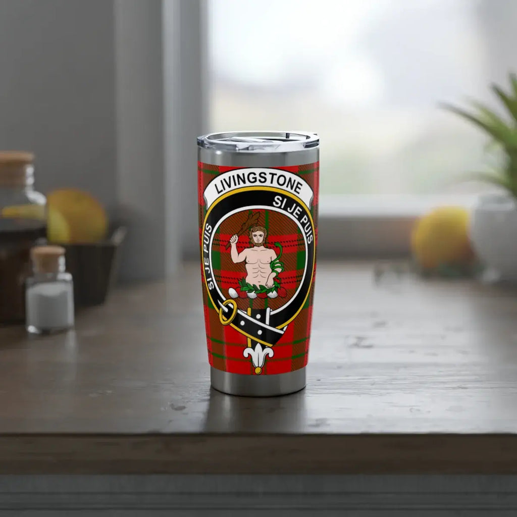 Clan Livingstone crest tumbler — side view showing tartan wrap print and rubberised lid