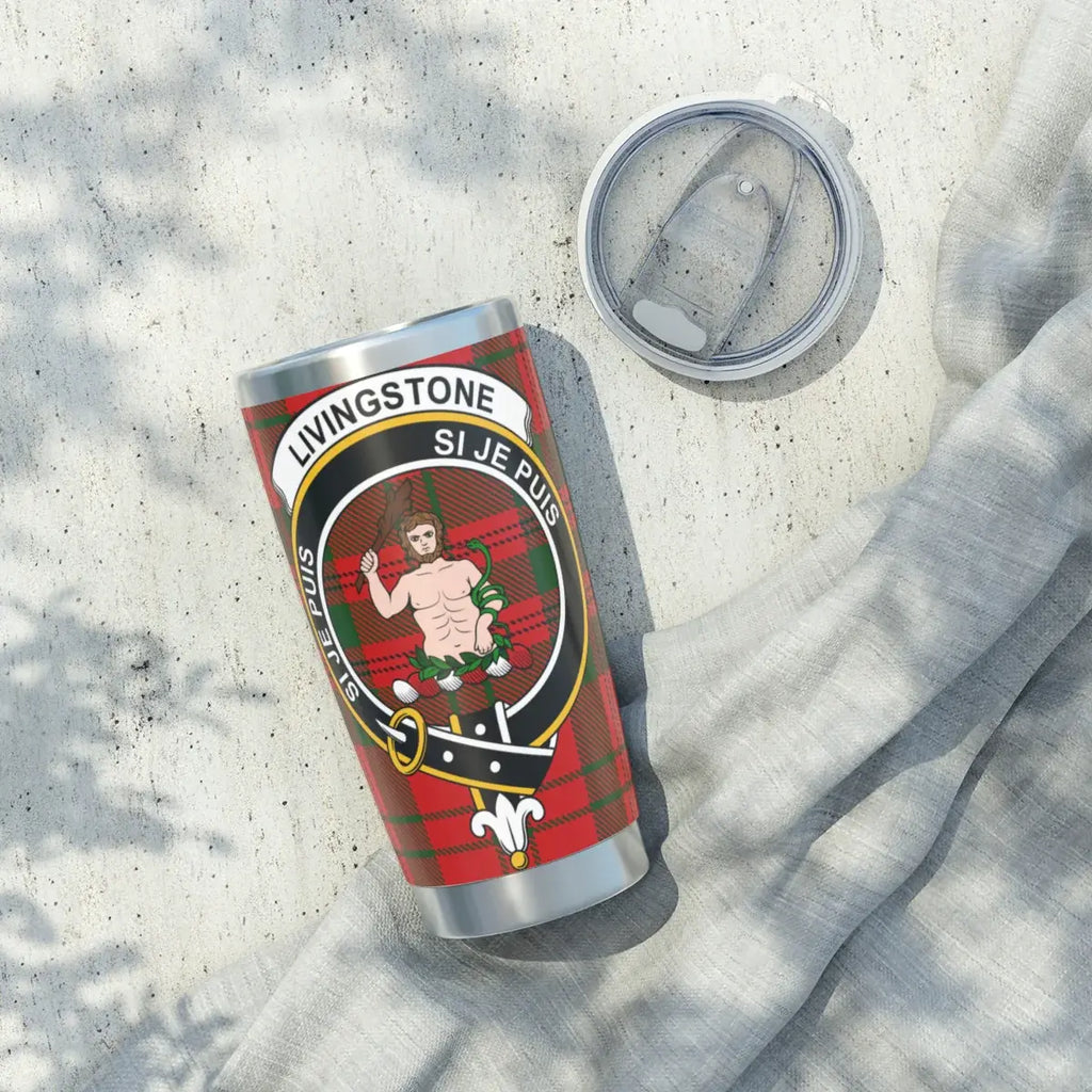 Clan Livingstone crest tumbler — top view showing lid and opening, 20oz stainless steel