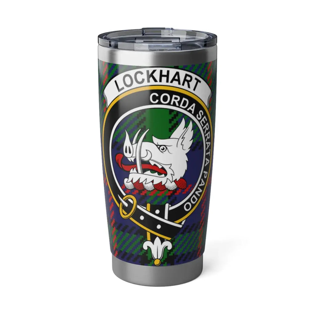 Clan Lockhart tartan steel tumbler — 20oz insulated with Corda Serrata Pando boar's head crest design