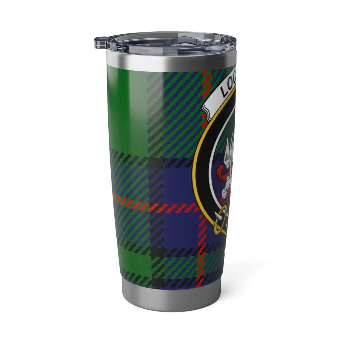 Clan Lockhart crest and tartan steel tumbler — Corda Serrata Pando motto on printed design