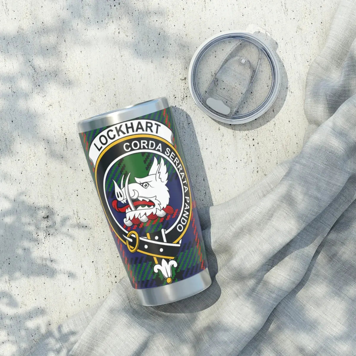 Clan Lockhart tartan tumbler — top view showing lid and opening, 20oz stainless steel