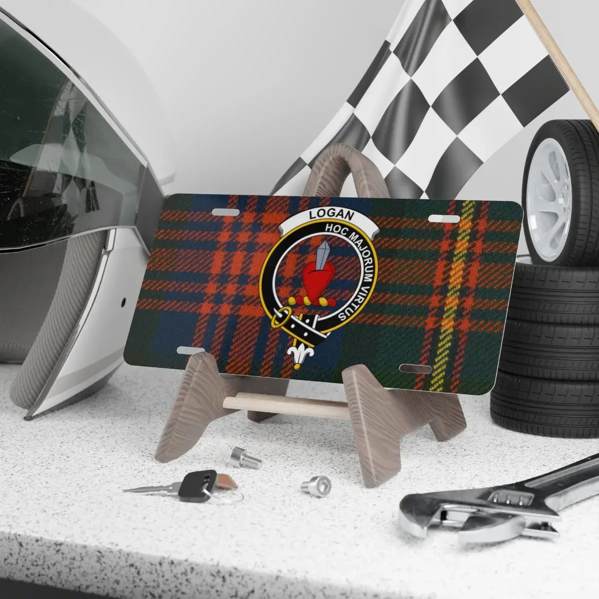 Logan clan crest tartan novelty license plate — 12x6 aluminium with Hoc Majorum Virtus heraldic design