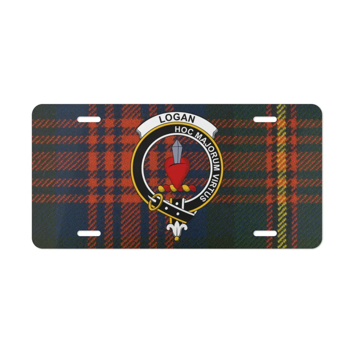 Logan clan crest personalised tartan car tag license plate — Hoc Majorum Virtus design on aluminium