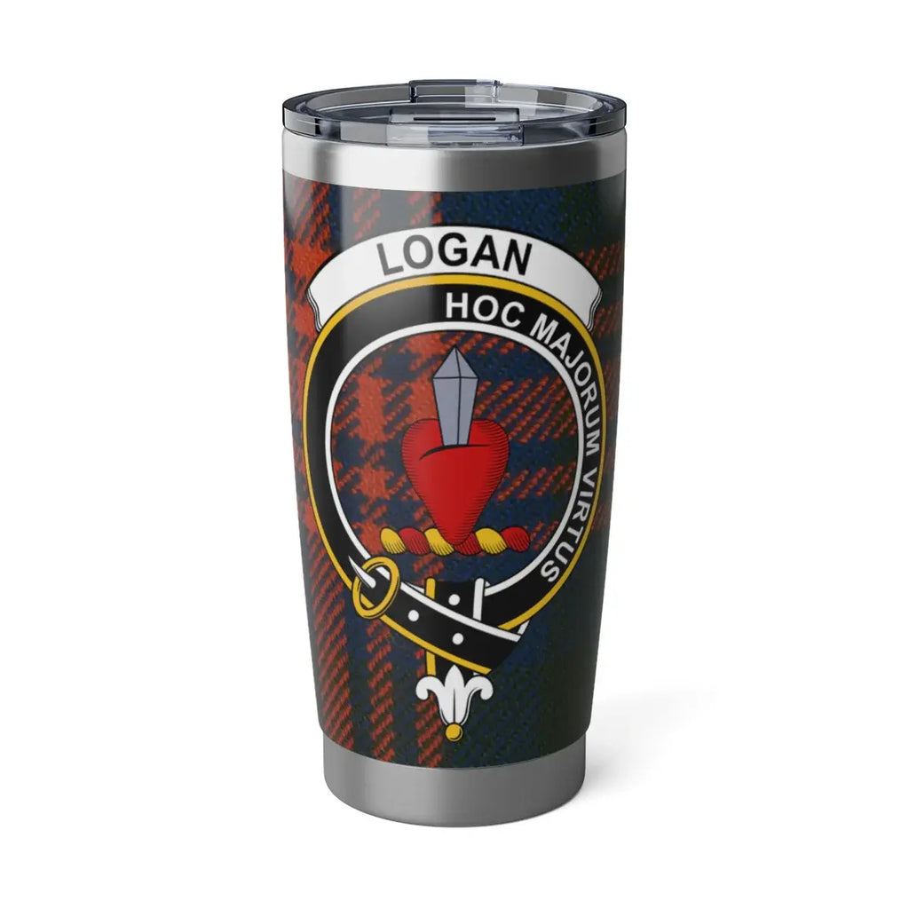 Logan clan crest tartan 20oz tumbler — stainless steel with Hoc Majorum Virtus heraldic design