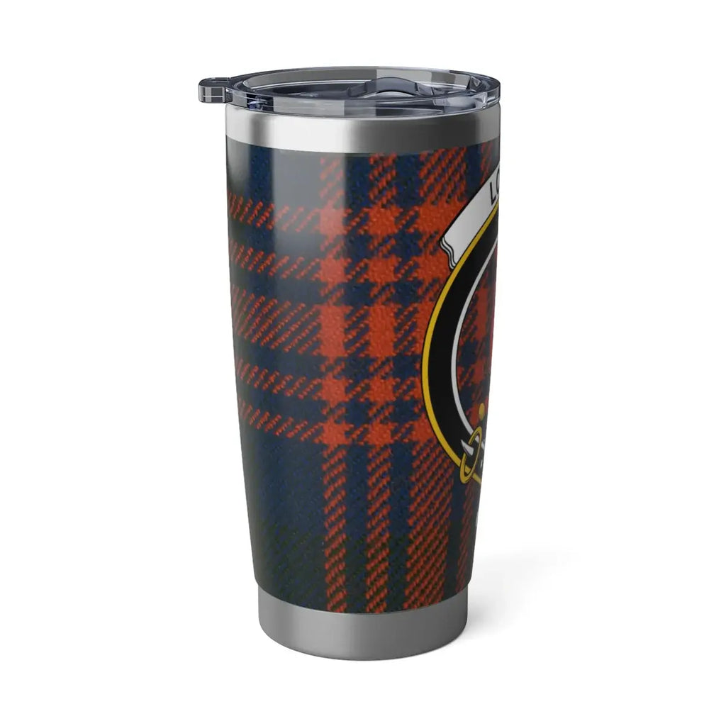 Logan clan tartan plaid insulated tumbler with crest design — 20oz stainless steel