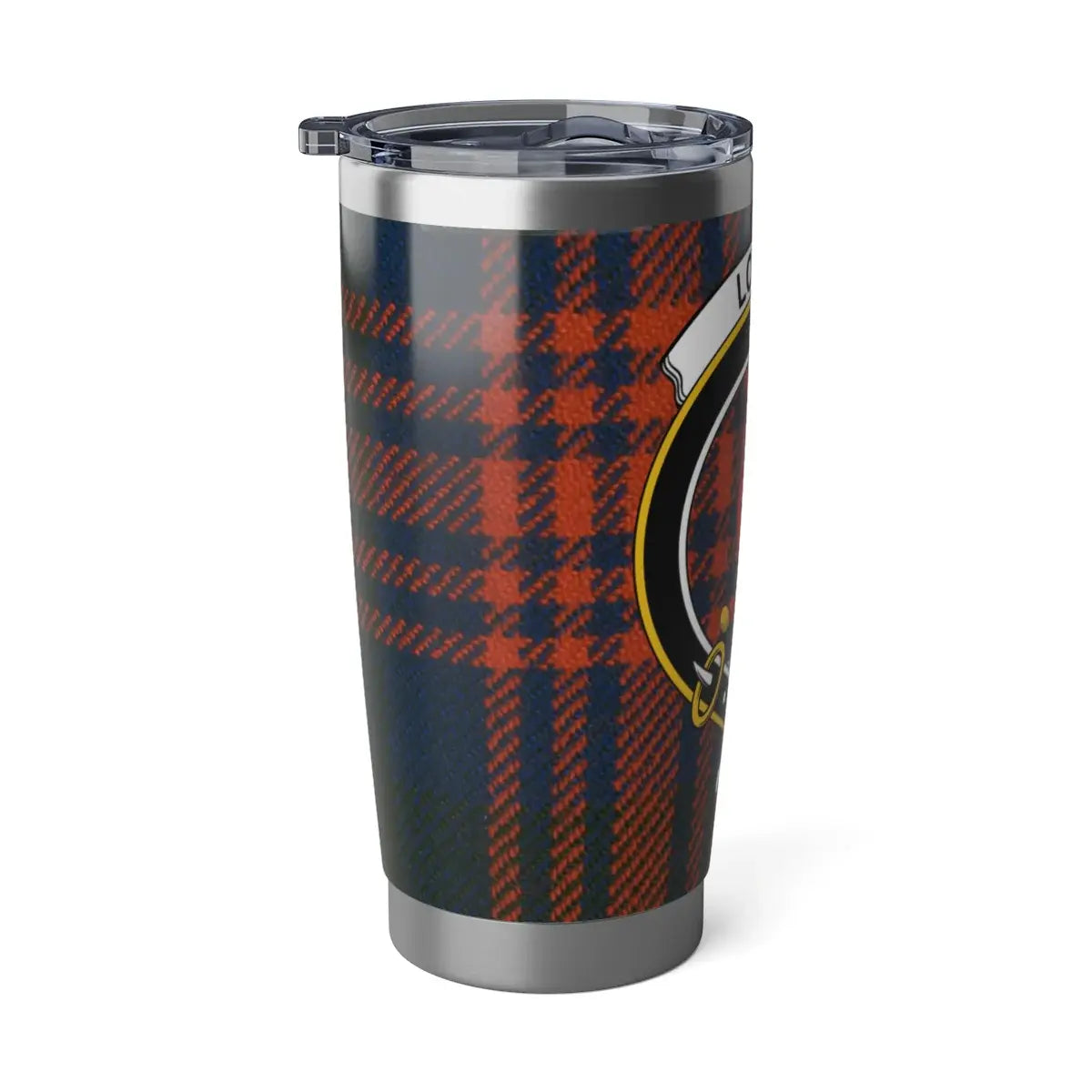Logan clan tartan plaid insulated tumbler with crest design — 20oz stainless steel