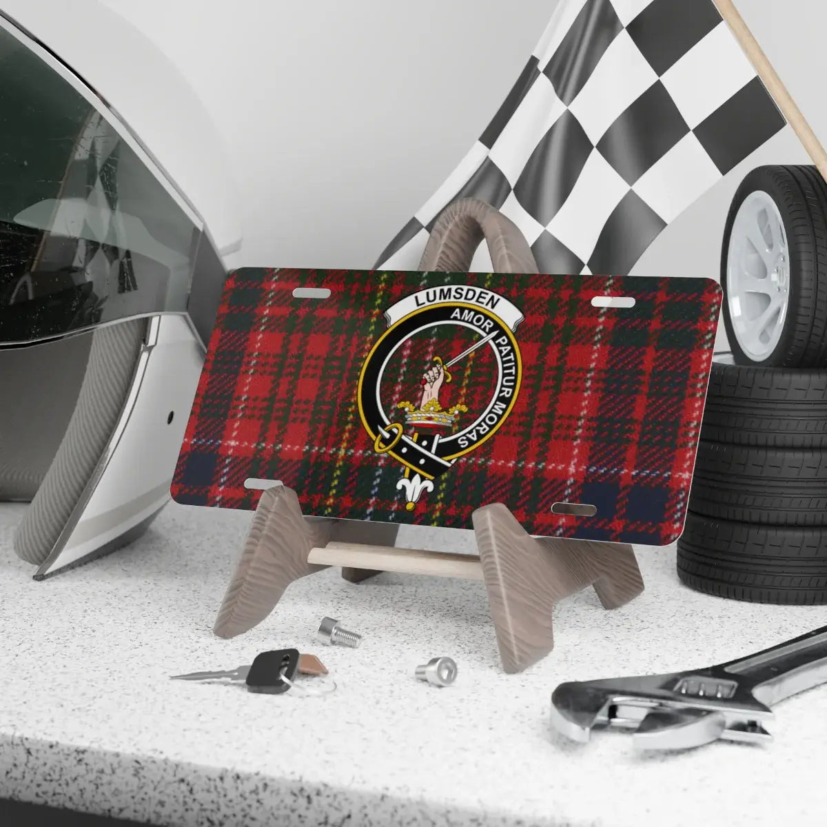 Clan Lumsden tartan crest novelty license plate — Amor Patitur Moras design, 12x6 inch aluminium