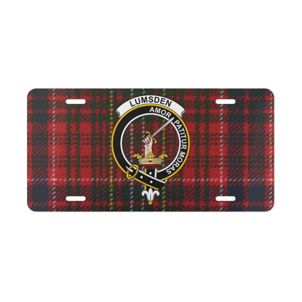 Clan Lumsden tartan crest novelty plate — standard 12x6 inch size shown on vehicle display