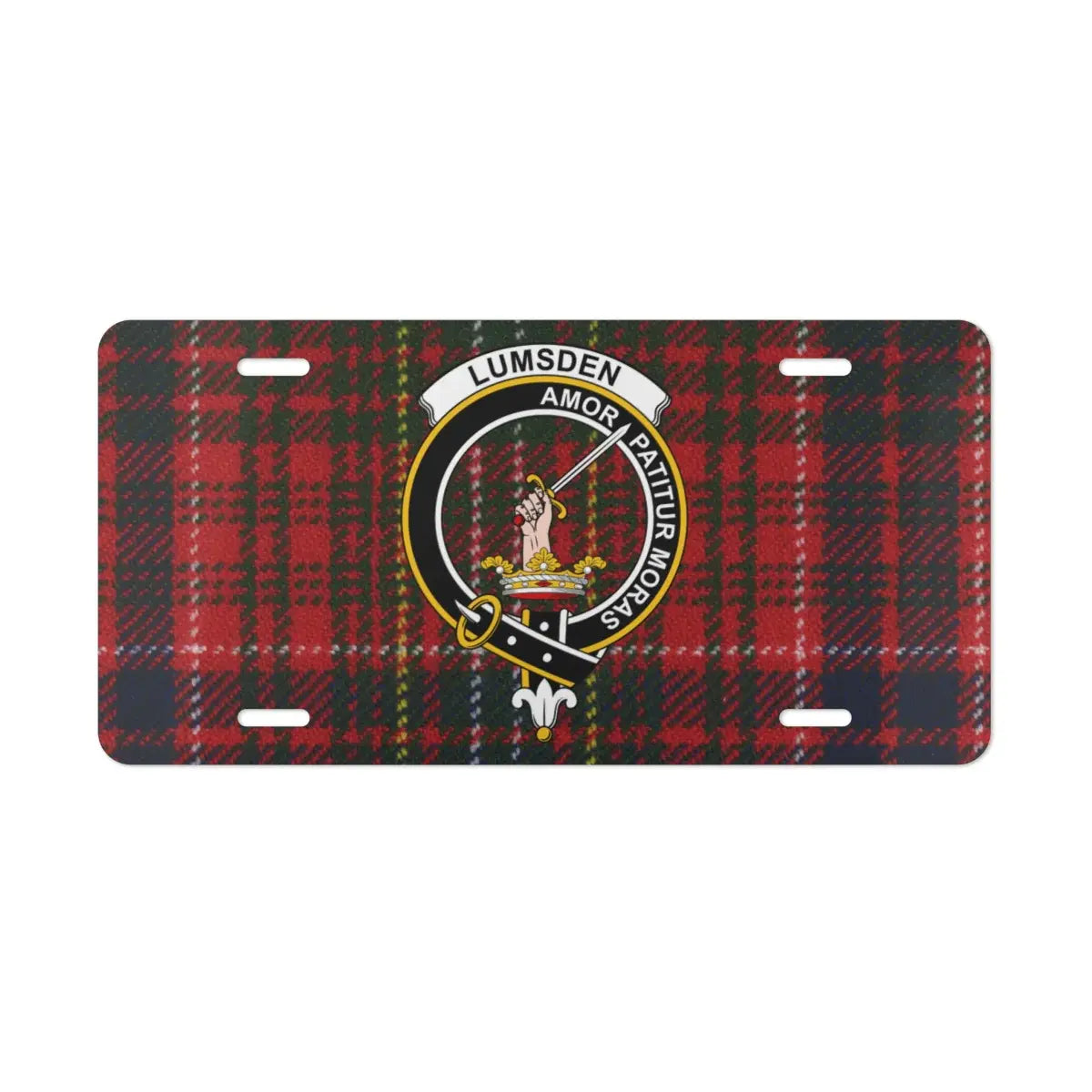 Clan Lumsden tartan crest novelty plate — standard 12x6 inch size shown on vehicle display