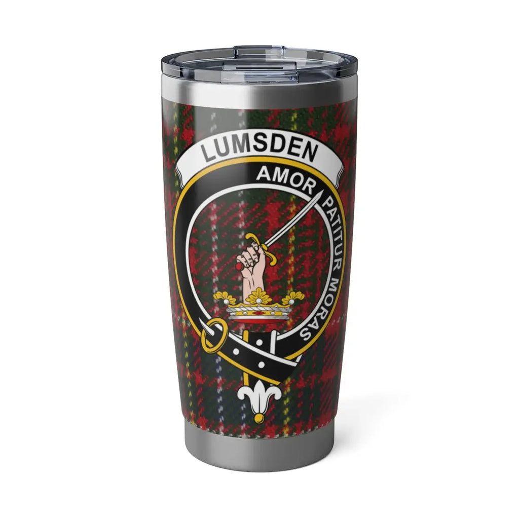 Clan Lumsden tartan steel tumbler — 20oz insulated with Amor Patitur Moras crest design