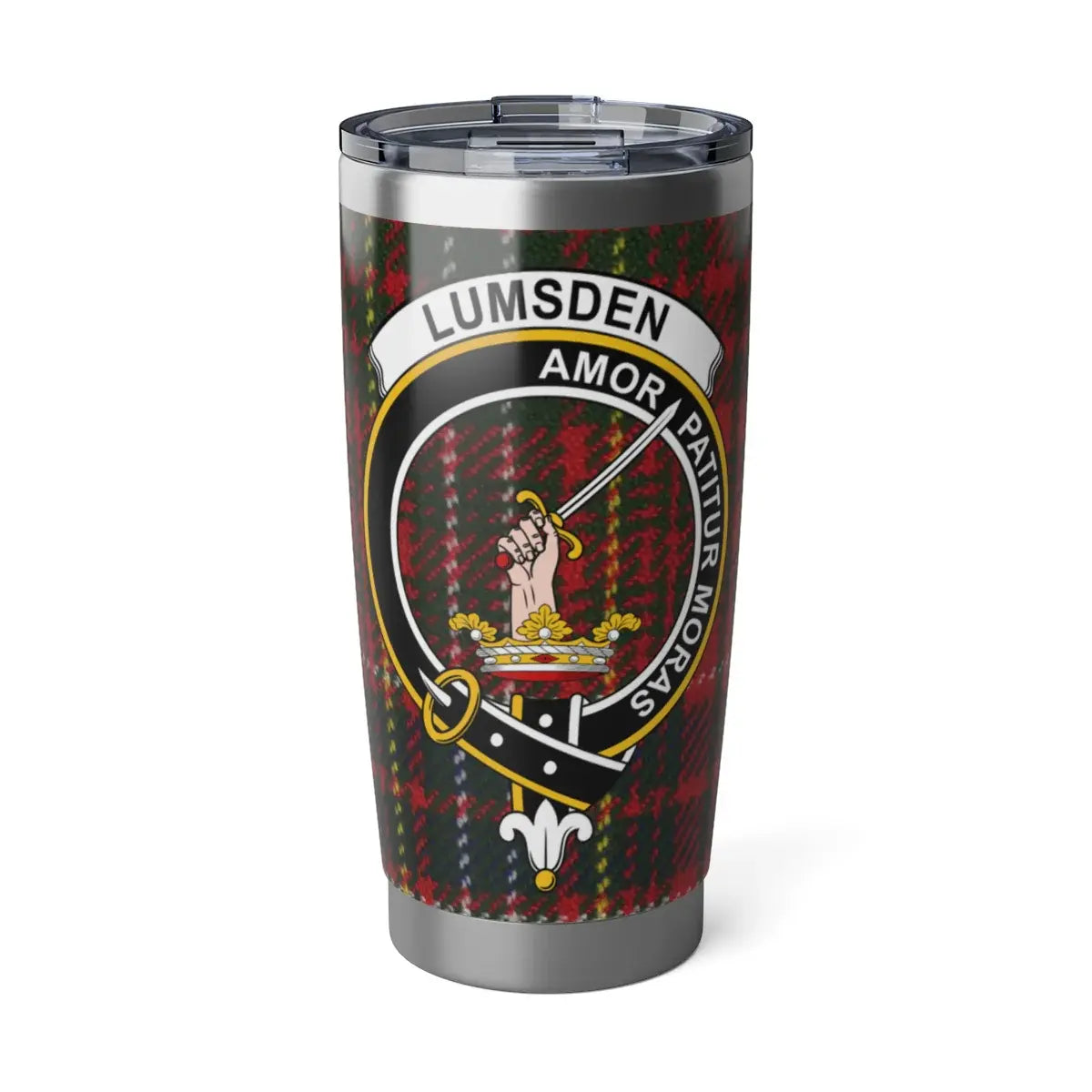 Clan Lumsden tartan steel tumbler — 20oz insulated with Amor Patitur Moras crest design