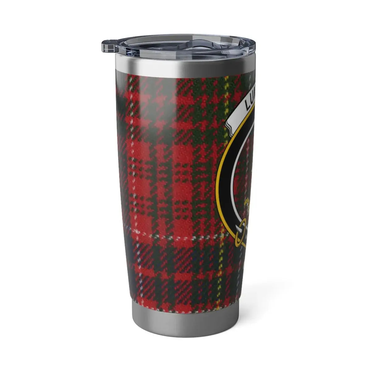 Clan Lumsden Amor Patitur Moras crest and tartan steel tumbler — printed wrap on insulated tumbler
