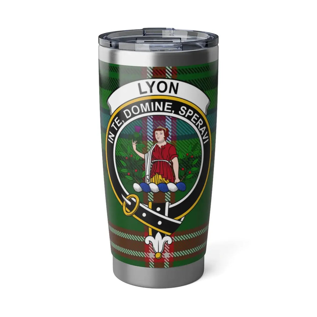 Clan Lyon tartan steel tumbler — 20oz insulated with In Te Domine Speravi crest design