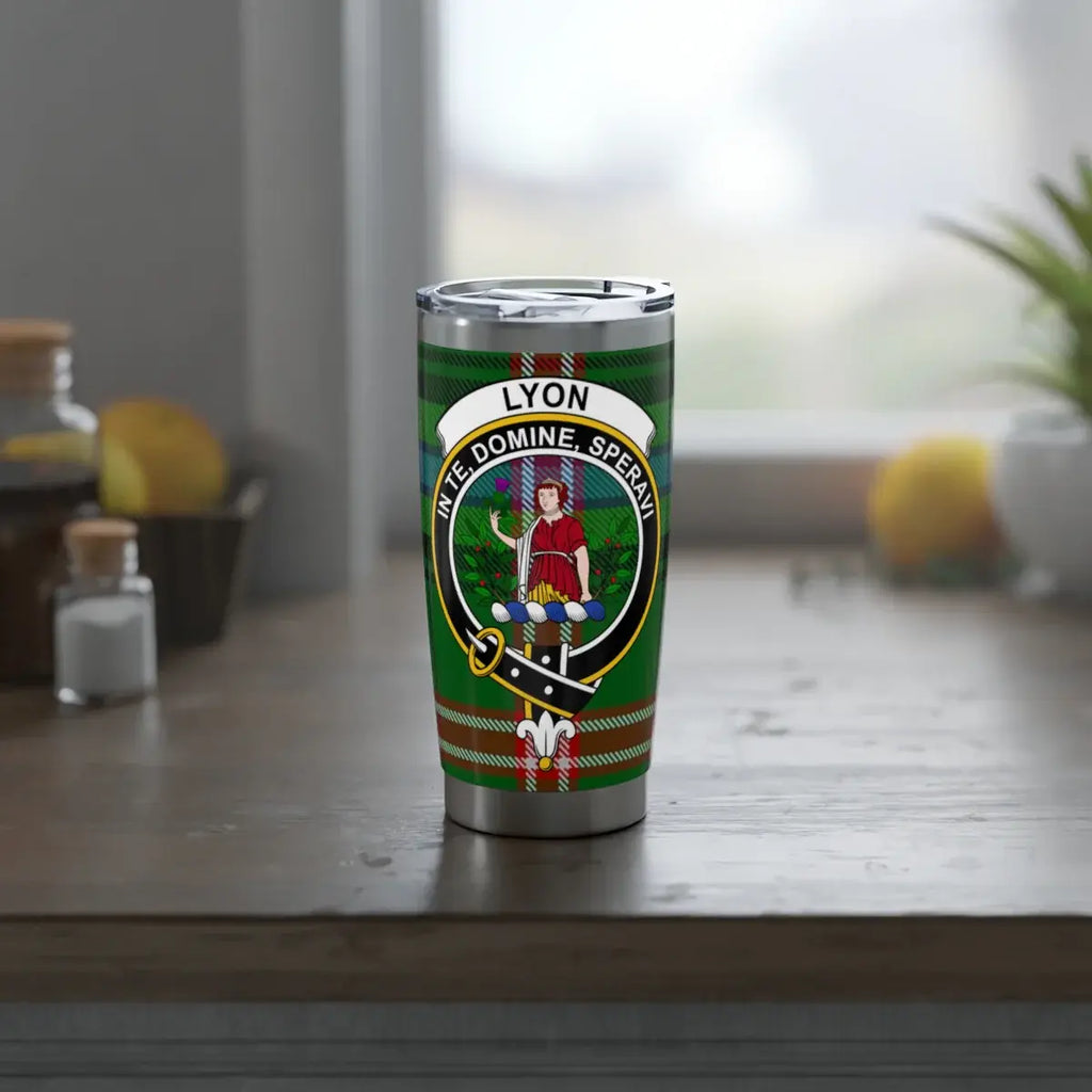 Clan Lyon crest tumbler — side view showing tartan wrap print and rubberised lid