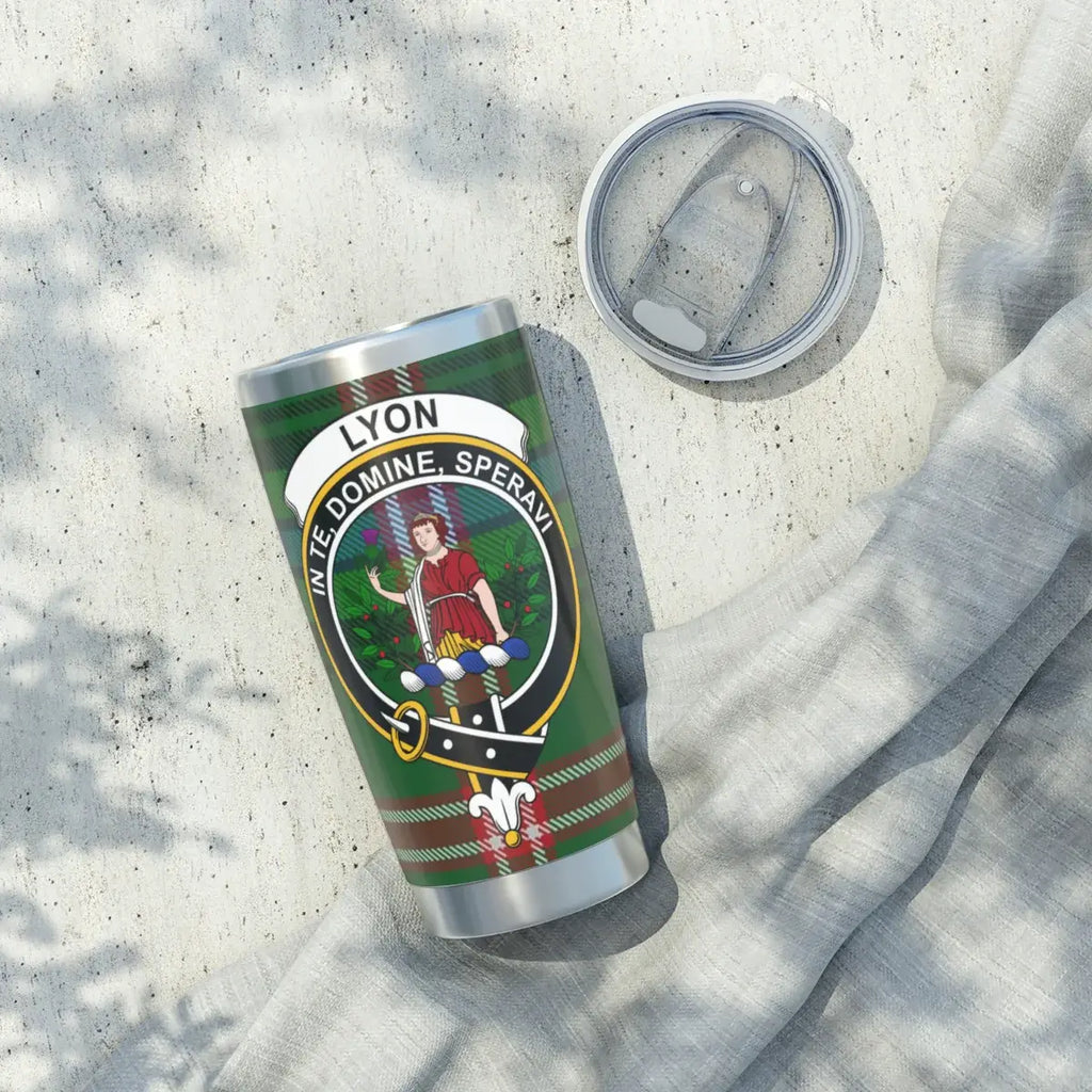 Clan Lyon tartan tumbler — top view showing lid and opening, 20oz stainless steel