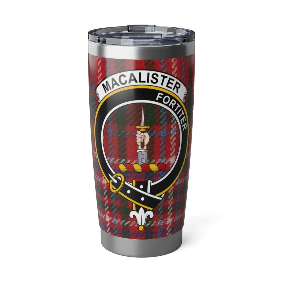 MacAlister Fortiter clan crest red tartan 20oz tumbler — stainless steel with hand and dagger design