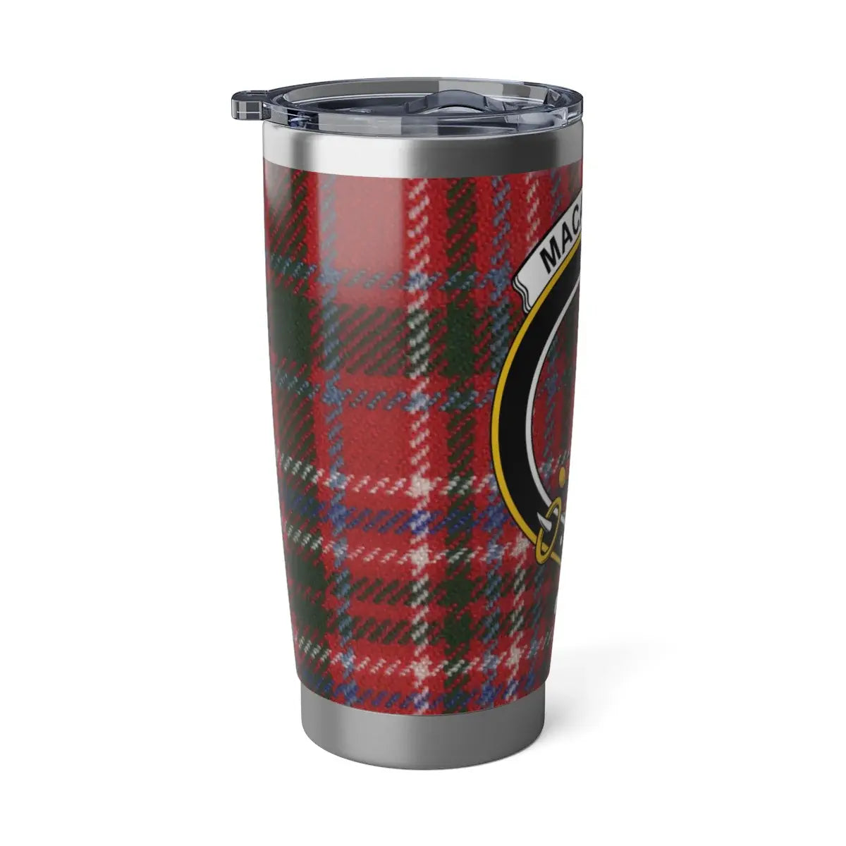 MacAlister clan crest red plaid insulated tumbler — 20oz stainless steel with heraldic design