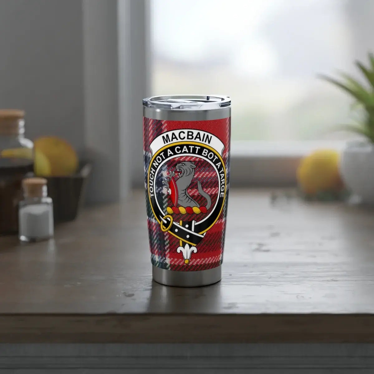 Clan MacBain crest tumbler — side view showing tartan wrap print and rubberised lid