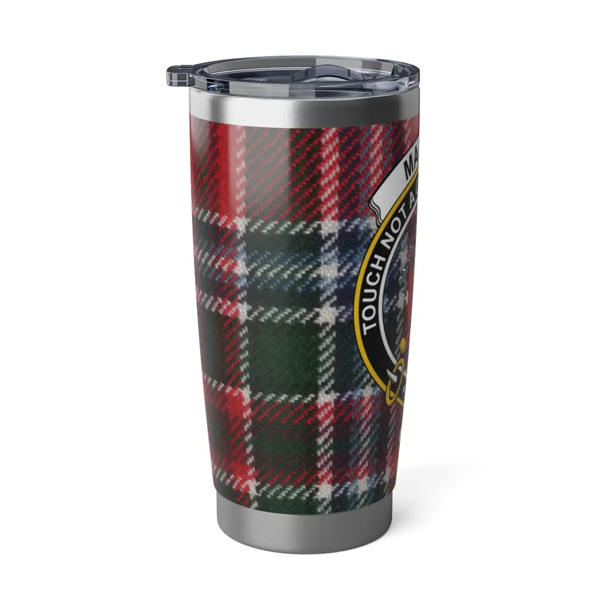 Clan MacBain Touch Not a Catt Bot a Targe crest and tartan steel tumbler — printed wrap design