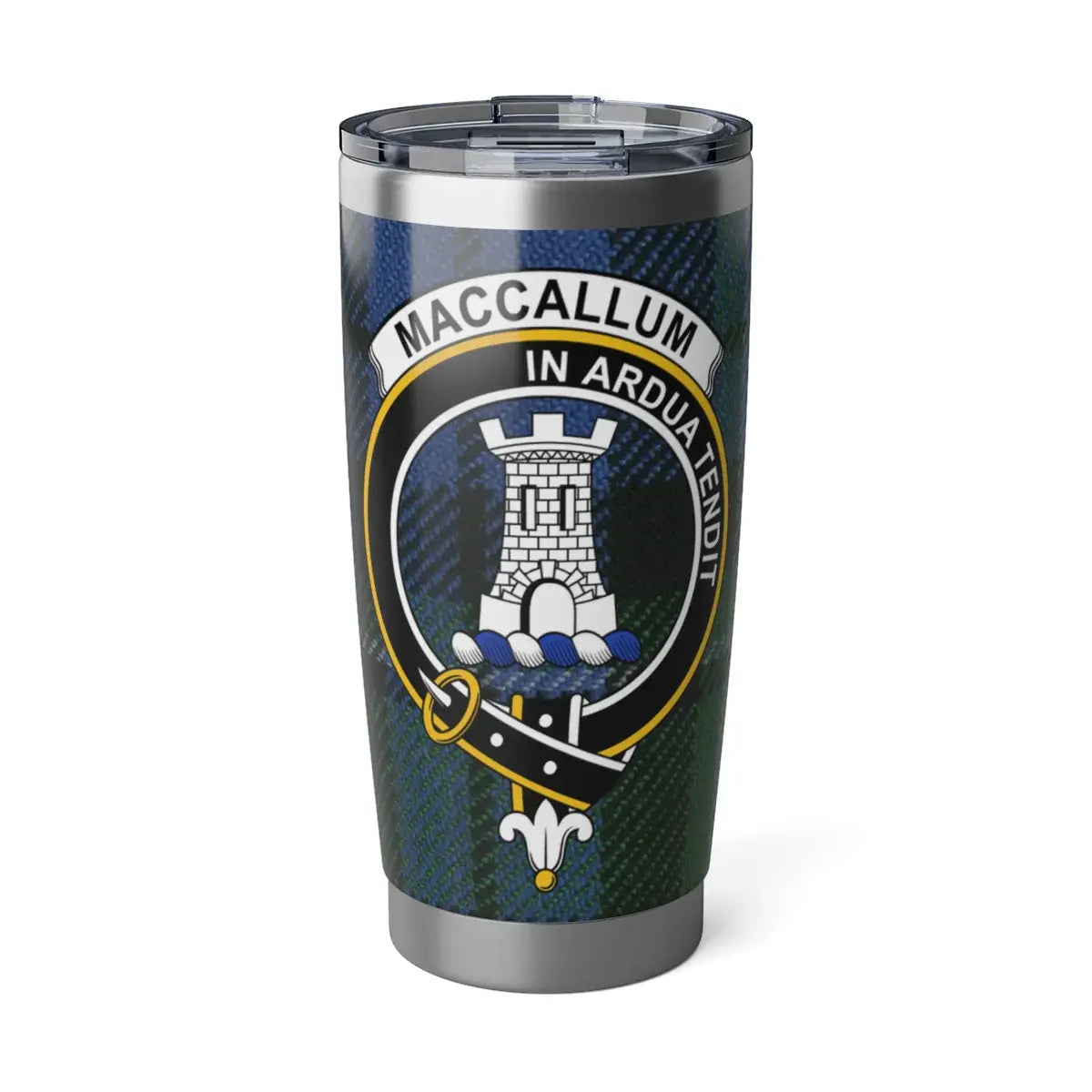 Clan MacCallum tartan crest 20 oz insulated stainless steel tumbler — In Ardua Tendit