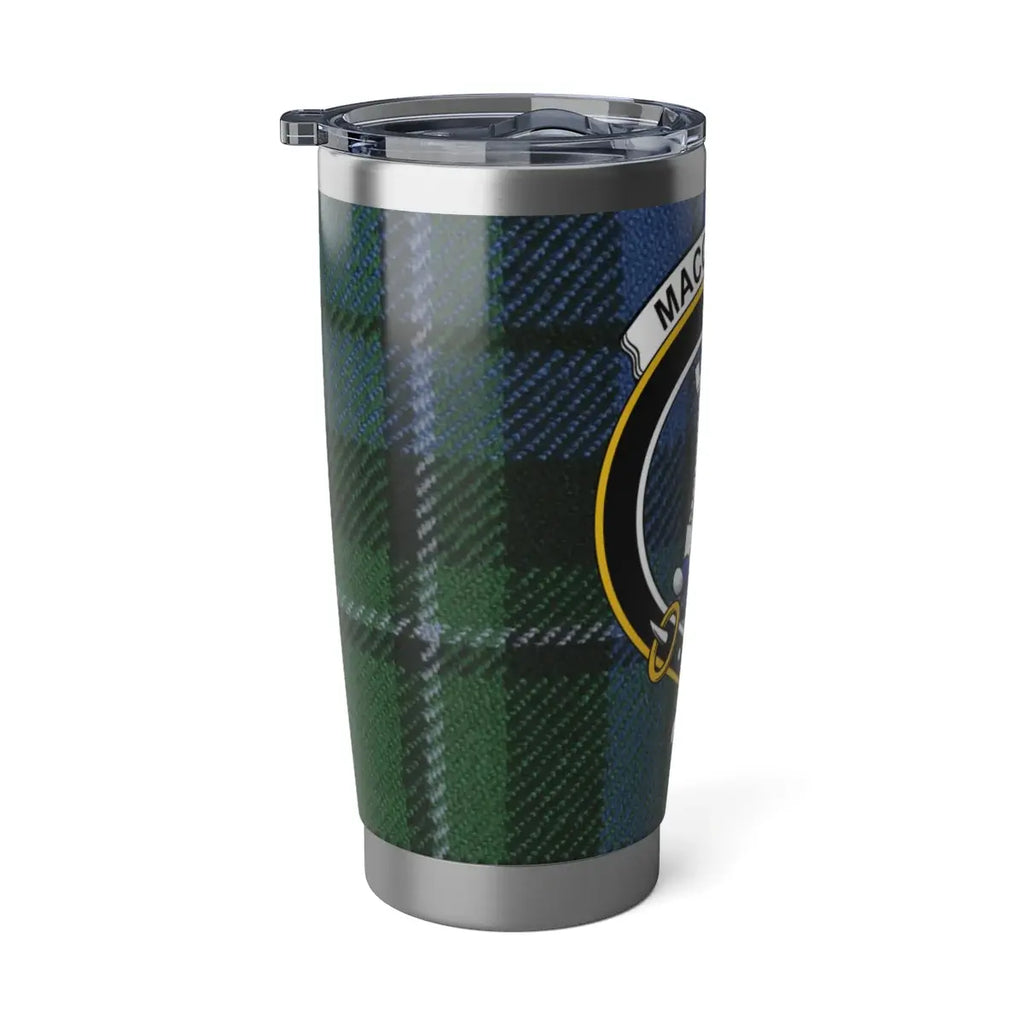 MacCallum clan crest tumbler in hand showing print detail and lid — 20 oz travel tumbler