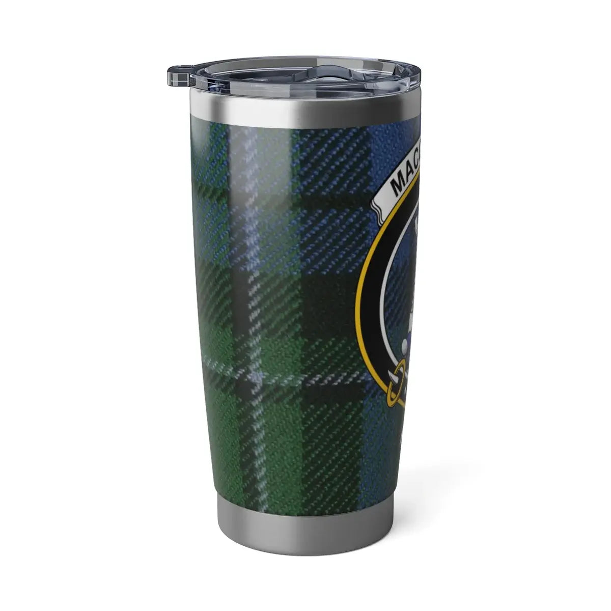 MacCallum clan crest tumbler in hand showing print detail and lid — 20 oz travel tumbler