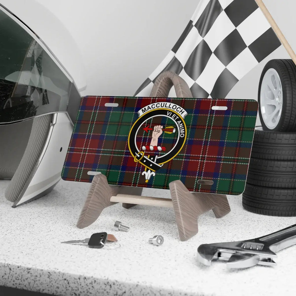 MacCulloch clan crest tartan novelty license plate — Vi Et Animo printed on aluminium 12x6