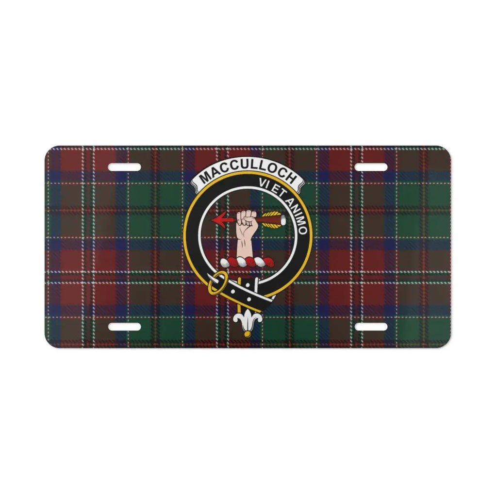 MacCulloch clan crest decorative plate — vivid tartan print on white aluminium front