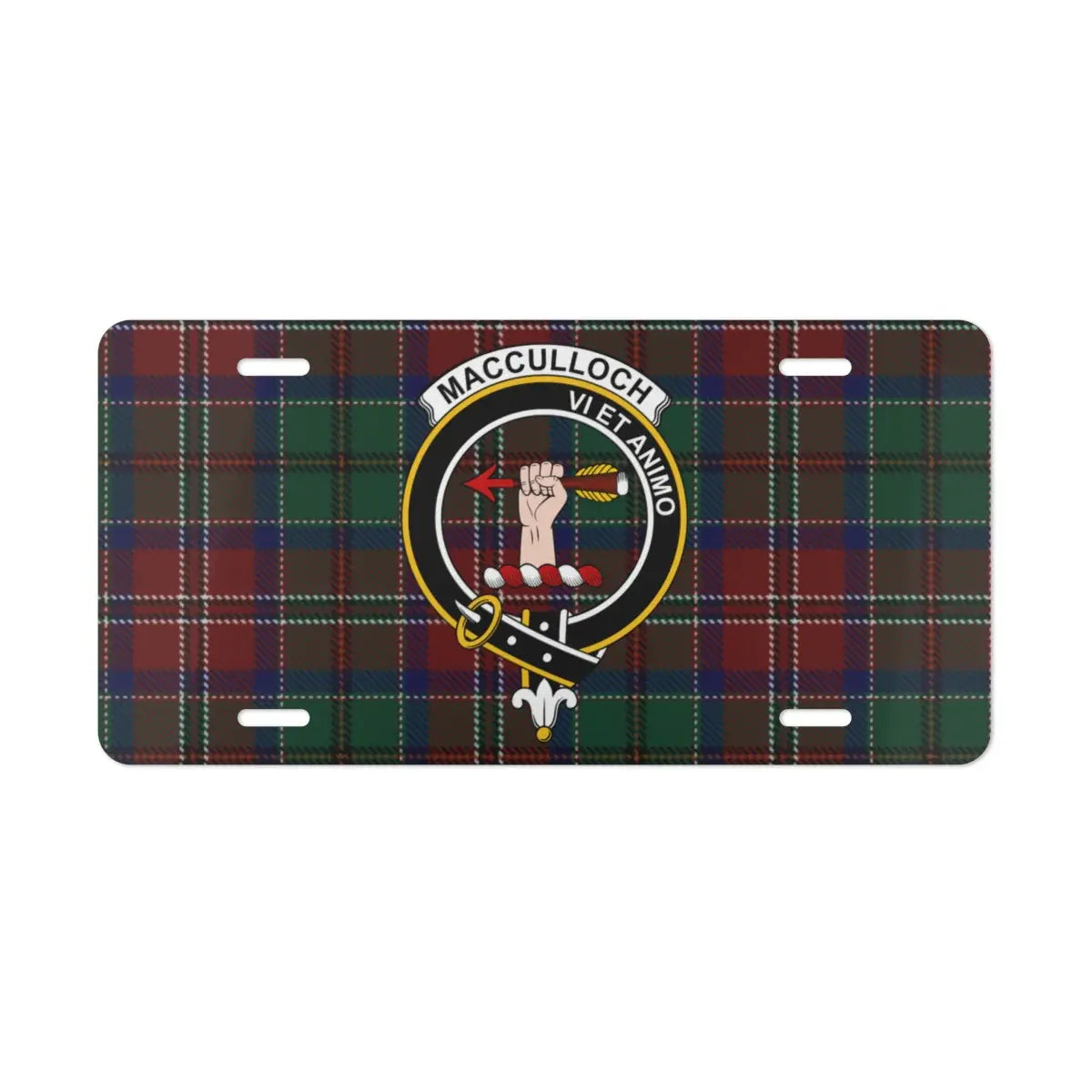 MacCulloch clan crest decorative plate — vivid tartan print on white aluminium front